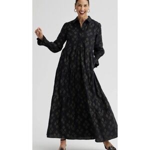 Chicos Maxi Shirt Dress Womens Size 3P/ 16P XL Black Gold Jacquard Lurex Tiered